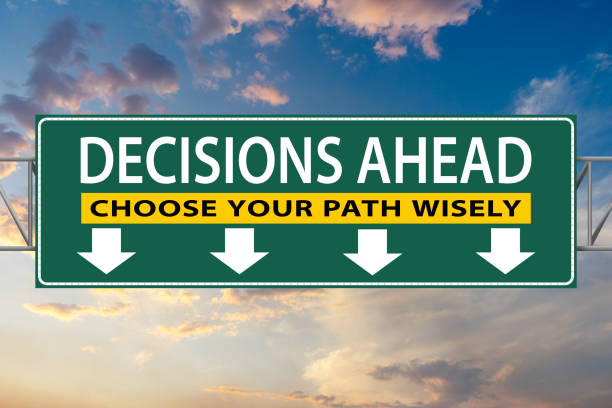 Decisions Ahead, Choose Your Path Wisely, illustration freeway green sign Decisions Ahead, Choose Your Path Wisely, illustration freeway green sign